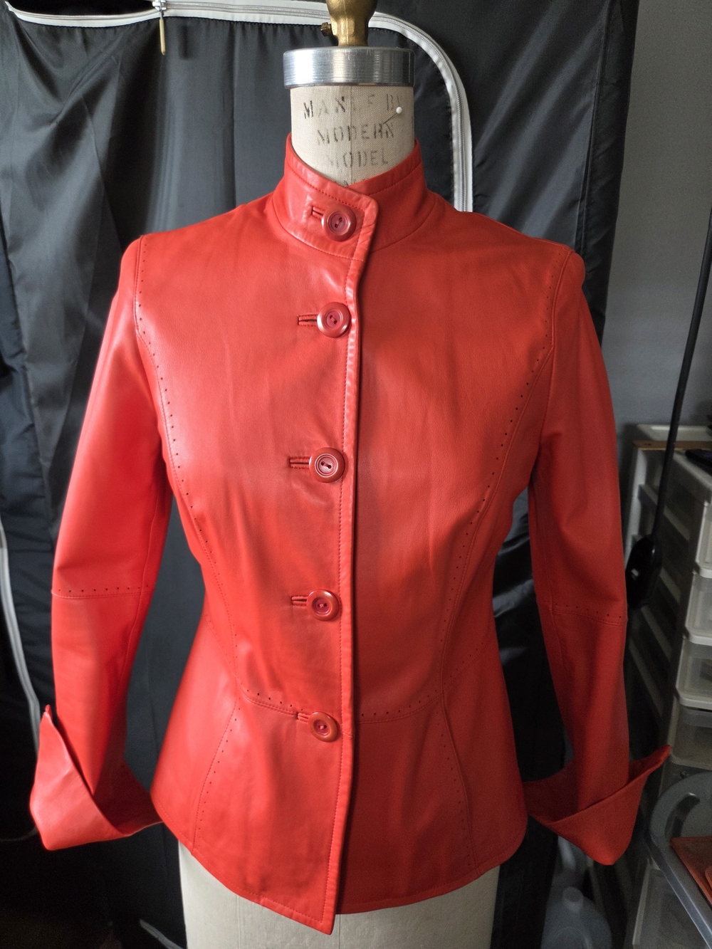 Women's Red Leather Button-Front Jacket with Stand Collar